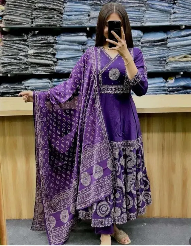 Leheriya Purple Anarakali Kurta With Pant & Leheriya Print Dupatta 