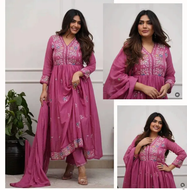Pink Cotton Angrakha Embroidery  Kurta with Straight Pant & Duppata  