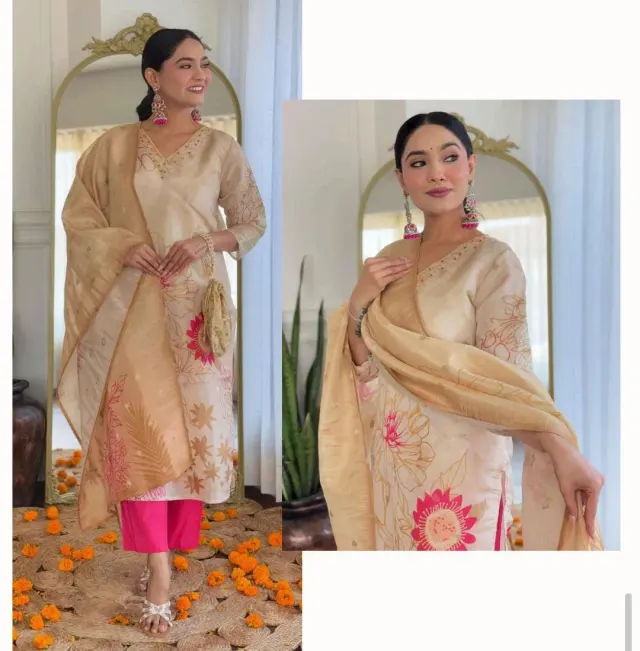 Beautiful  Hand Work Jacquard Duppata Kurti Pant With  
