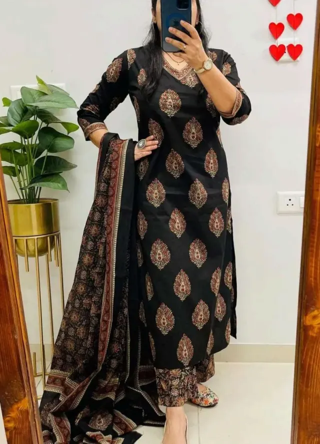 Cotton black Kurti Pant Set with Sequence Work & Dupatta