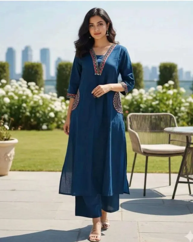 Blue Cotton Flex V Neck Embroidery Work kurta with plazo 
