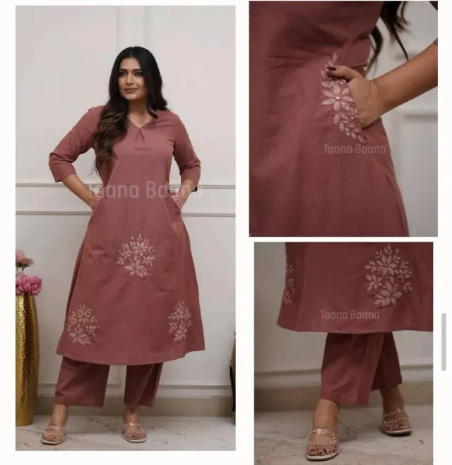 A-line Cut Cotton Blend Kurti Pant Set with Floral Embroidery 