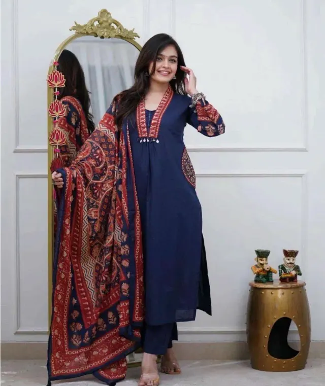 Blue Jaipuri Kurta With Plazo & Printed Dupatta 