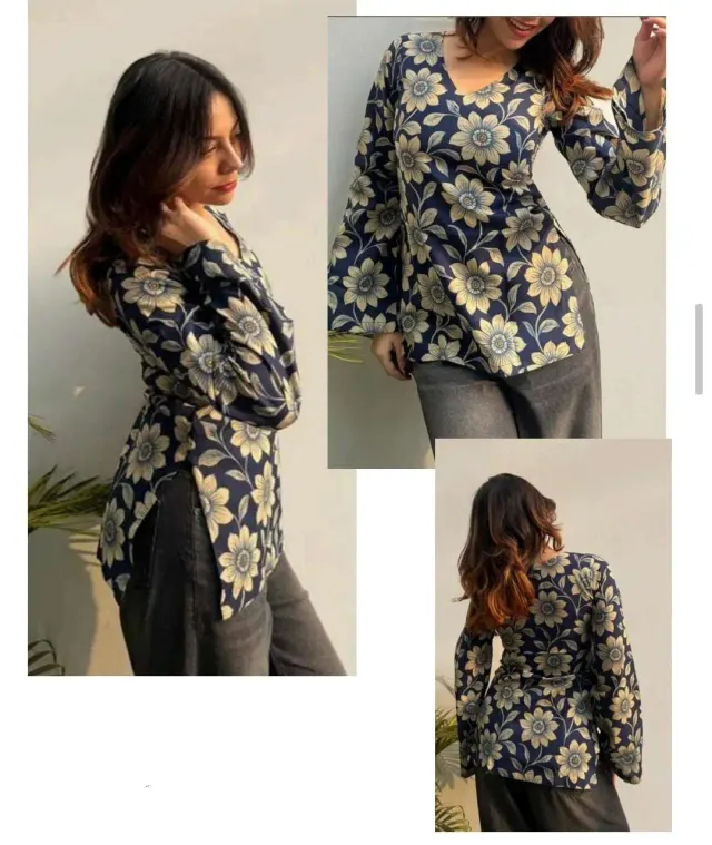 Blue Floral Printed Square Neck Full Sleeve Short Kurti 