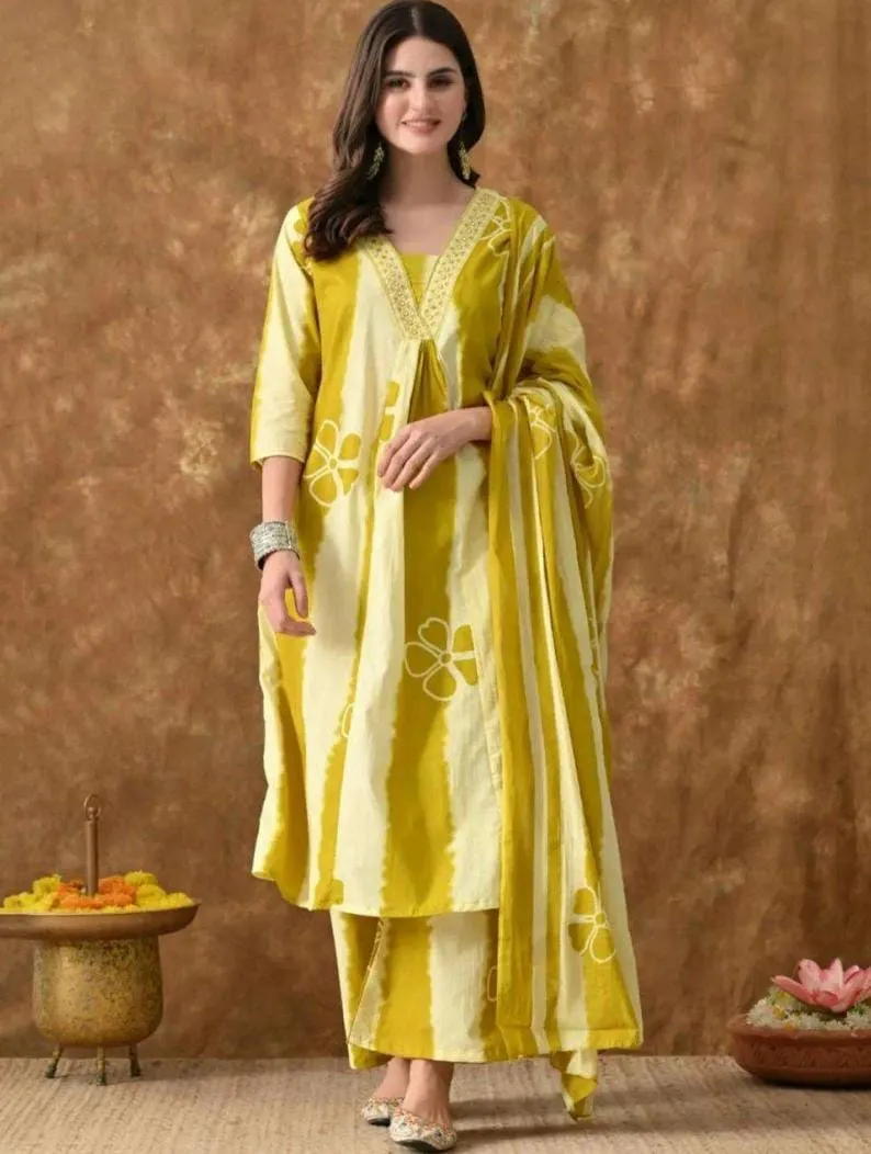 Yellow Tie & Dye A Line Cotton Stitched Kurta Pant Set with Dupatta — 3 Piece Set, view 2