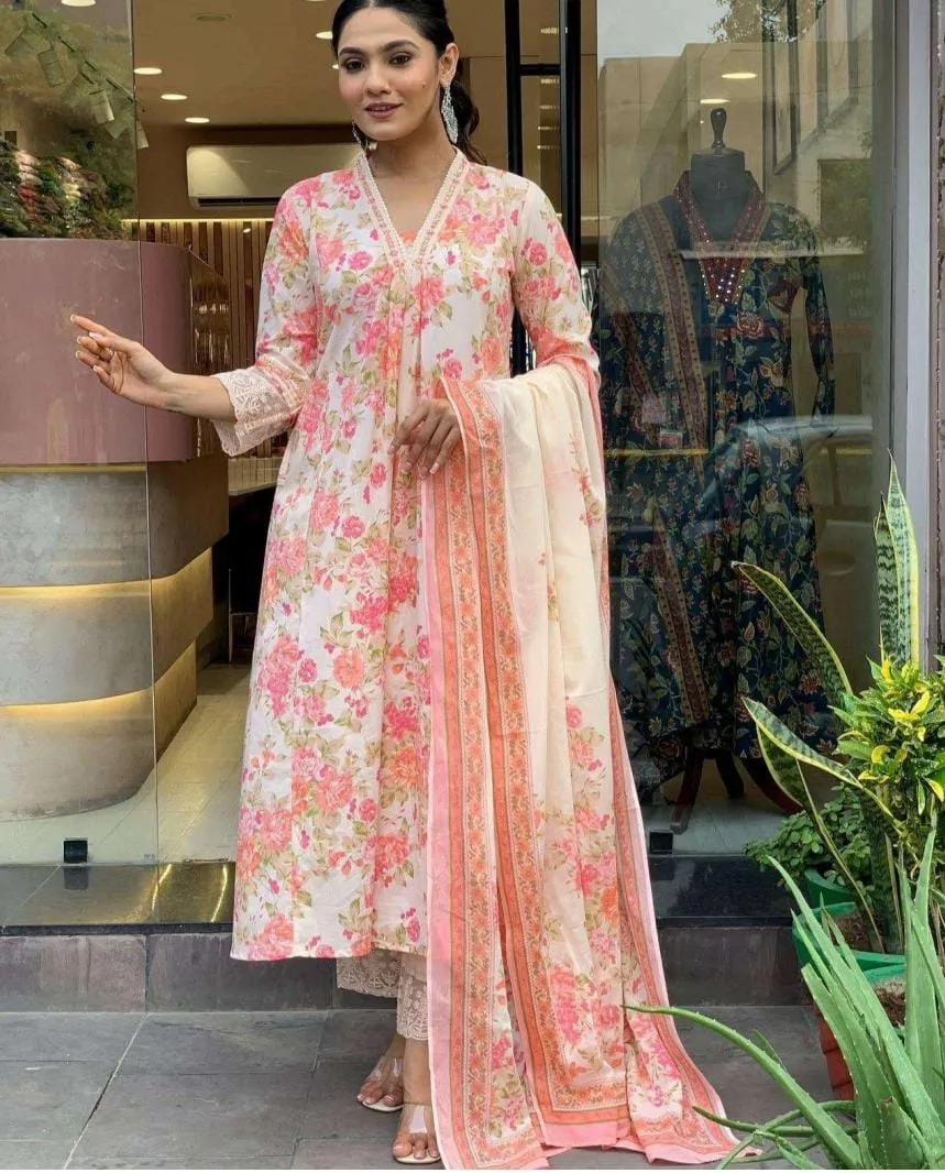 Cotton Floral Printed Kurta Pant With Dupatta — 3 Piece Set, view 2