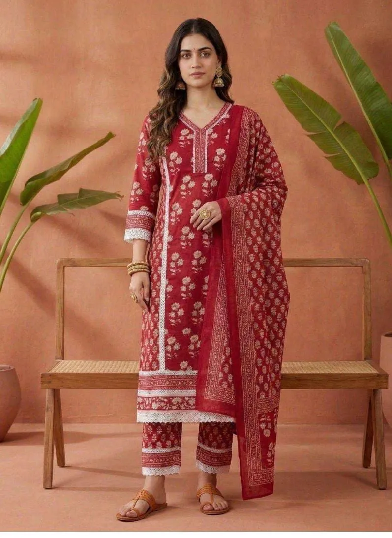 Cotton Red Kurta Set with Dupatta — 3 Piece Set, view 2