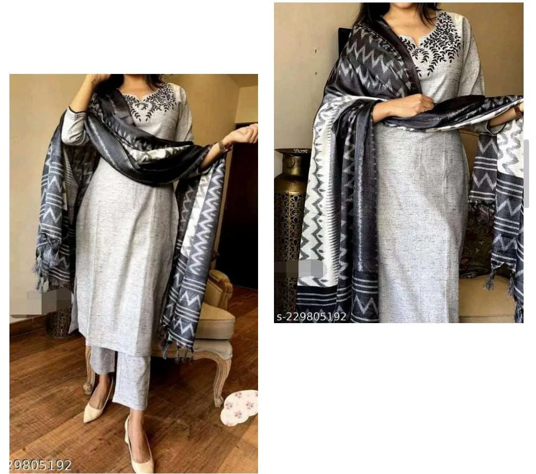 Ethnic Cotton Kurta Pant Set with Black  printed Dupatta — 3 Piece Set, view 2