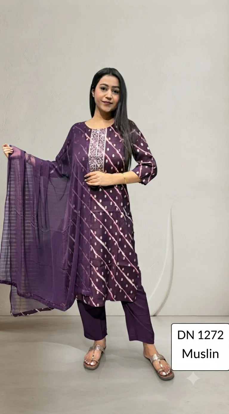 Leheriya Printed Purple Kurta Set With Pant & Duppata — 3 Piece Set, view 2