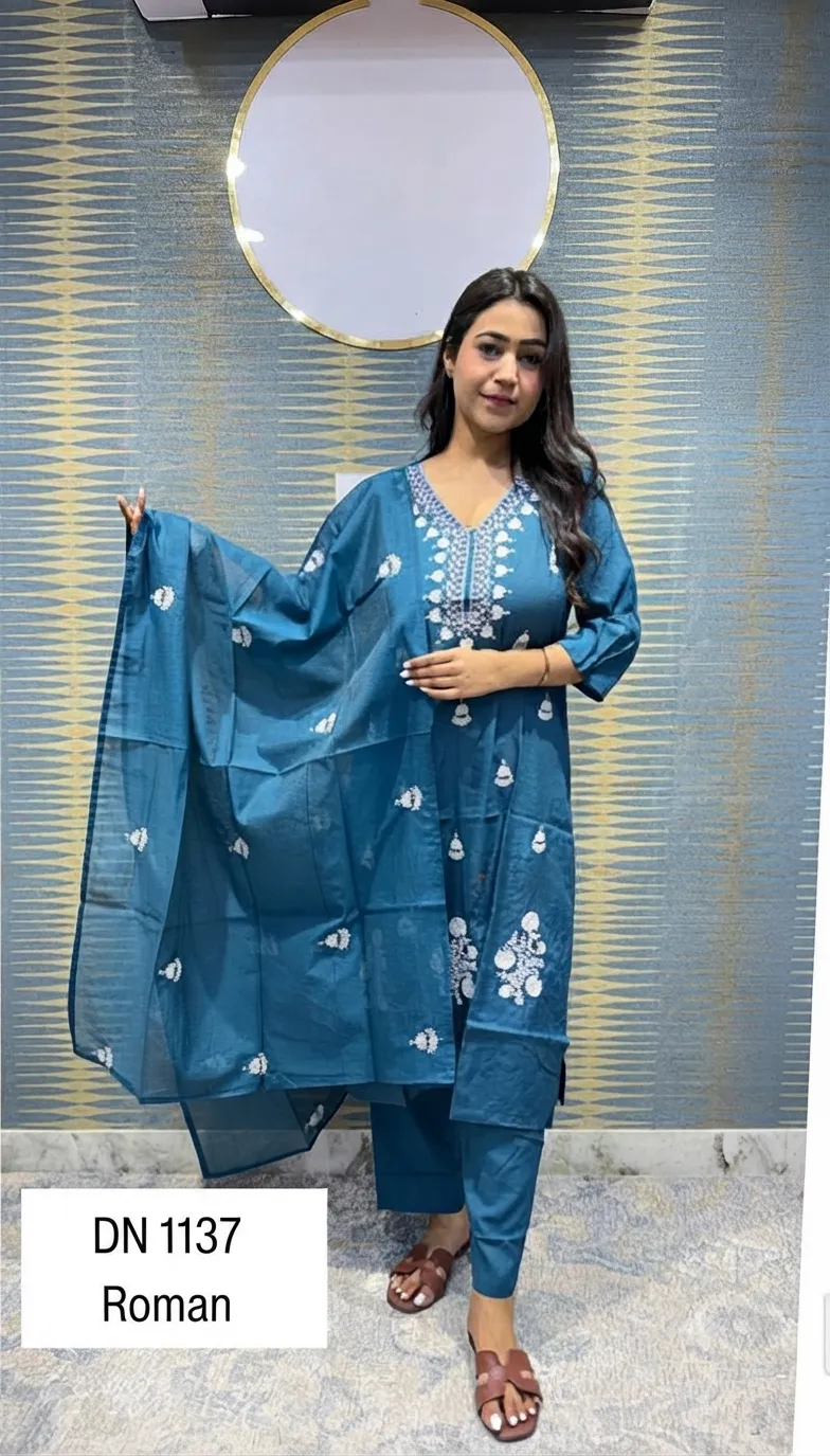 Ethnic V-Neck Teal Blue Floral Embroidered Kurta With Pant & Matching Duppata — 3 Piece Set, view 2